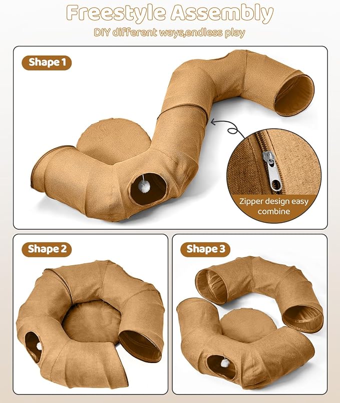 Linen Cat Tunnels with Central Cat Bed, Interactive Cat Toys Detachable Washable Soft Mat Large Indoor Play Tunnel Cave for Kittens and Small Animals - Image 2