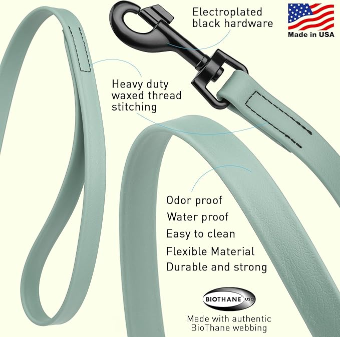 Dogline Biothane Waterproof Dog Leash Strong Coated Nylon Webbing with Black Hardware Odor-Proof Easy to Clean High Performance for Small or Large Dogs Made in USA 4 or 6 ft Lead, Sage Green - Image 2