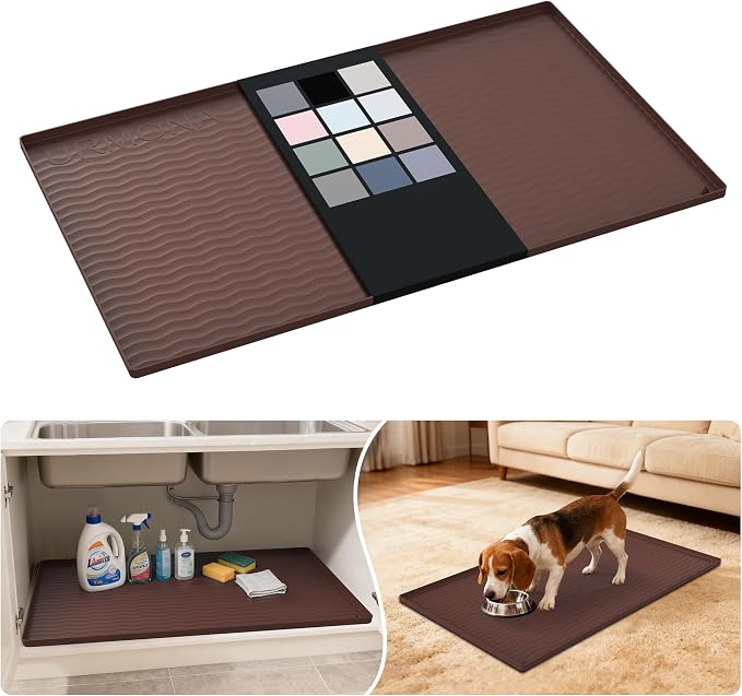 URMONA Waterproof Silicone Under Sink Mat 37'' x 22'' Shelf Liner for Kitchen and Bathroom, Cabinet and Counter Protector, Storage and Organizers, Litter Mat, Pet Cat Puppy Essentials(Brown) by URMONA