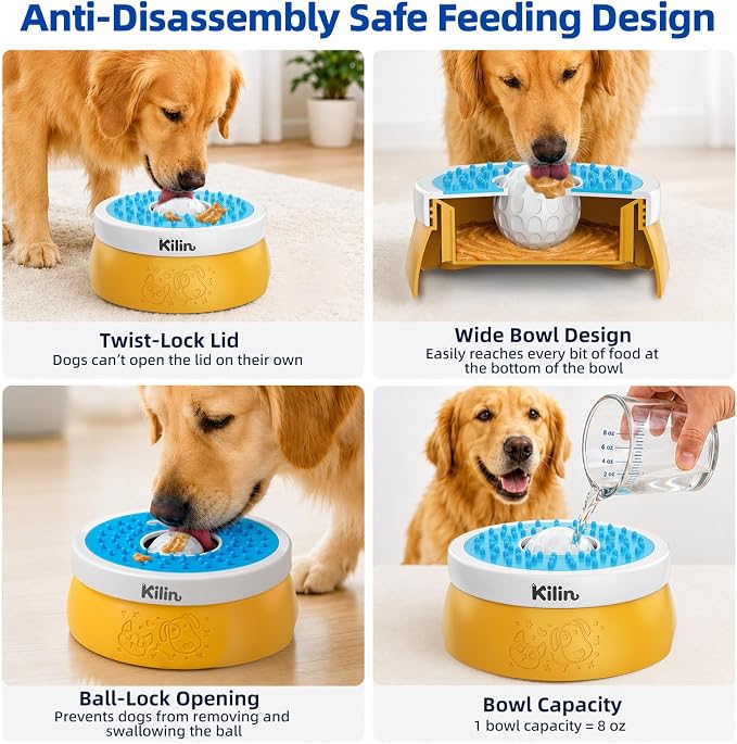 KILIN Slow Feeder Dog Licking Bowl with Rolling Ball,4 Non-Slip Pads,8fl oz | Dog Enrichment Toys for Dogs with Bone Broth, Yogurt and Wet Puppy Treat, Interactive Lick Ball for Dogs with Anxiety - Image 6