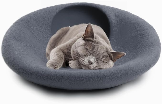 Luxurious Merino Wool Cat Cave - Foldable Hideaway Pod for Indoor Cats - Premium Felt Kitten Pet Enclosure - Covered Cat House for Ultimate Cozy Comfort by Woolygon (Grey Plain) - Image 3