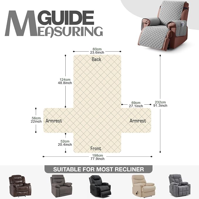 KinCam 100% Waterproof Recliner Chair Covers Washable, 23.6", Light Gray | Anti Slip Reclining Couch Covers for Pets Dog, Recliner Sofa Slipcover Storage Pocket, Furniture Protector with Elastic Strap - Image 4