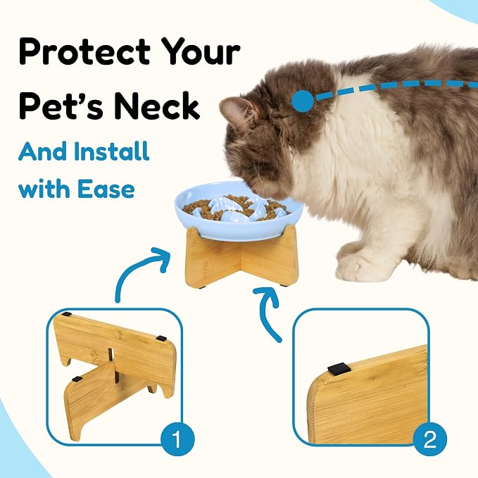 Slow Feeder Cat Bowl with Stand - Unbreakable Elevated Slow Feeder Bowl for Cats - Melamine Puzzle Raised Cat Food Bowl - Whisker Friendly & Wet & Dry Food- Dishwasher Safe & Non Slip (Blue - Image 6