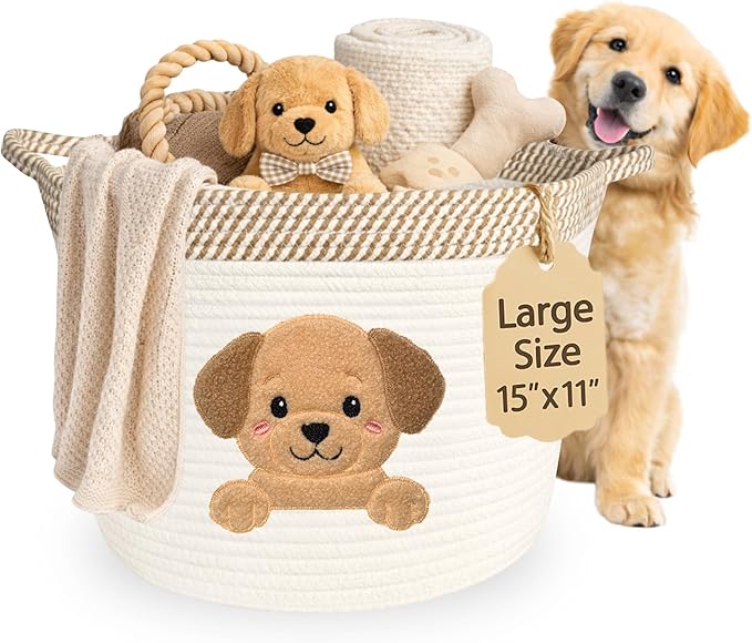 Golden Retriever and Lab Dog Toy Basket, Cotton Rope Storage Bin, 15x11 in | Pet Toy Storage, Blanket and Leash Organizer, Soft Felt Puppy Patch, Dog Mom Gift, Living Room and Crate Side Bin, Spot Clean by KeminaBlankets