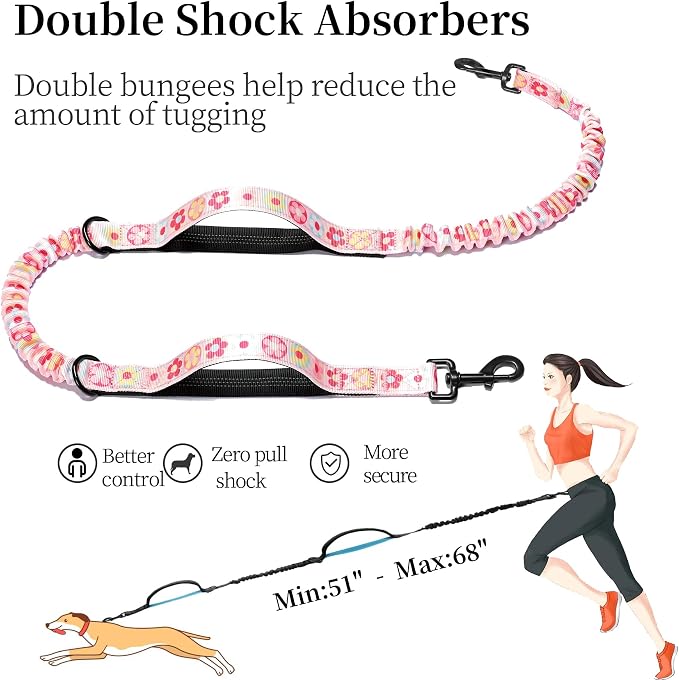 Hands Free Dog Leash with Zipper Pouch, Colorful Flower, Large | Waist Leash, Dual Padded Handles, Shock-Absorbing Bungee, Adjustable Waist Belt, Walking and Running - Image 5