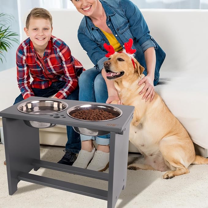 HTB Elevated Dog Bowl Stand with 2 Stainless Steel Bowls-14 H X-Large Grey | Raised Dog Bowl Stand, 14"tall, 48 Oz Bowls, for Large Sized Dogs, Pet-safe, Solid Bamboo - Image 7