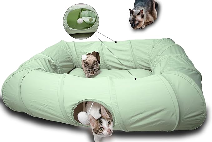 XxingSheep 4 Ways Shuttled XL Cat Tunnel Bed for Indoor Cats Peekaboo Cat Cave Donut with Cool Mat (Green) by XxingSheep