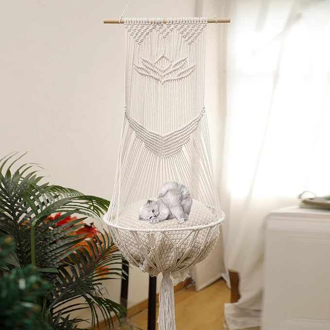 Macrame Cat Hammock-Boho Cat Bed Cotton Wall Hanging for Window Indoor Outdoor Home Decor, Macrame Cat Bed Hanging for Sleeping, Playing, Climbing and Lounging 49.2" Lx15.74 W by TourKing