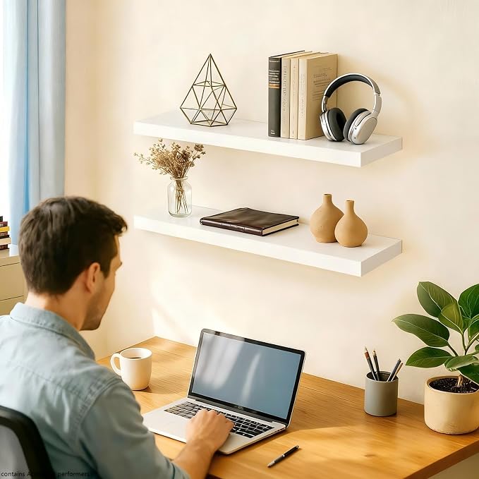 BAYKA White Floating Shelves 22.5in, Set of 2, Wall Mounted for Wall Decor | Easy Install, 22lbs Max Load, Hidden Bracket, Shelving for Bathroom Bedroom Kitchen Office Storage, Multi-Wall Compatible - Image 2