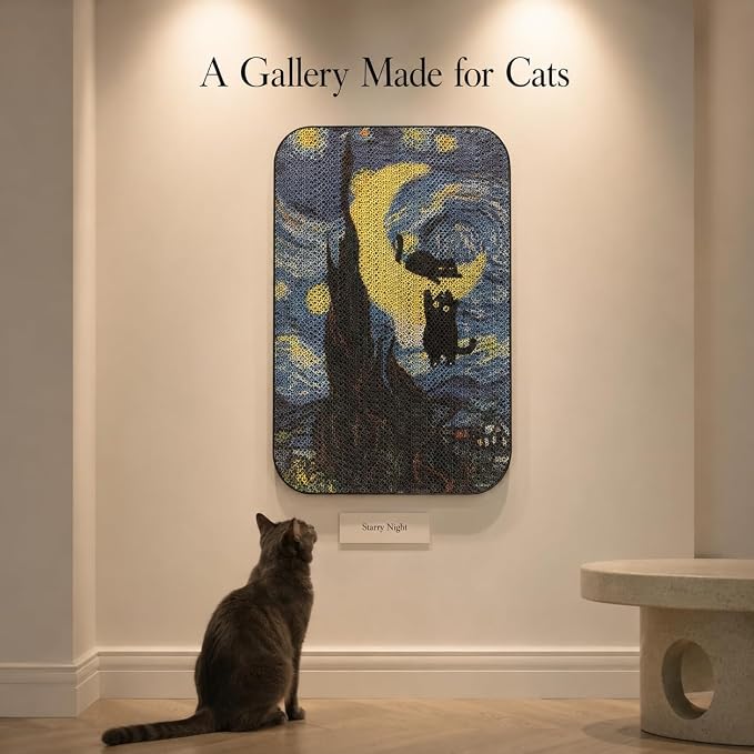 Cat Wall Scratcher, Art Cat Scratching Board for Indoor Cats | Wall Mounted Cat Scratch Pad, Water-Based Ink, Hook&Loop Strips, Floor or Wall Use, 16.7x11x1 Inch, Starry Night - Image 6