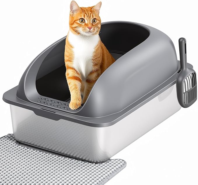OLIXIS Stainless Steel Large Cat Litter Box with Lid, High Wall Sides | Large Cat Litter Box for Big Cats, Anti-Urine Leakage, Easy Cleaning, Scoop and Mat Included, Dark Gray by OLIXIS