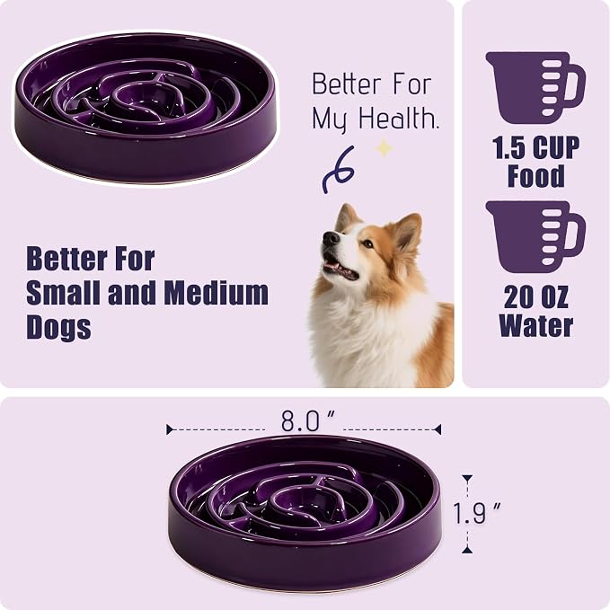 Ceramic Slow Feeder Dog Bowl,1.5 Cups Pet Slow Feeder for Small and Medium Breed,Puzzle Dog Food Dish,Anti-Gulping,Stop Bloat,Preventing Choking(Purple) - Image 2