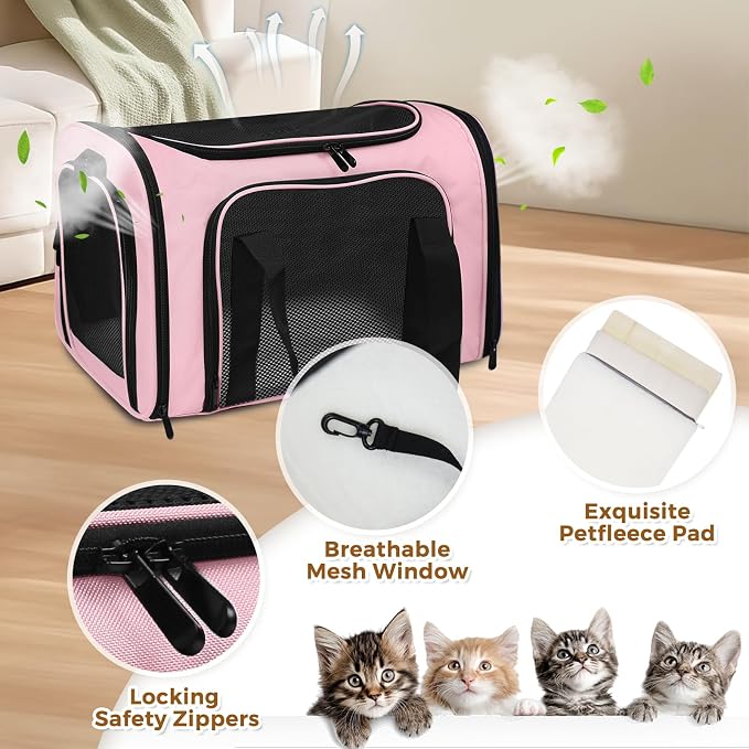 Cat Carrier Soft Up to 16 Lbs, Breathable Pet Travel Bag with Steel Frame | Lockable Zippers, Fits Small Dog, Kitten, Puppy,Rabbit,Medium Travel Carrying Case for Kennel Car Airline Transport，Pink - Image 3