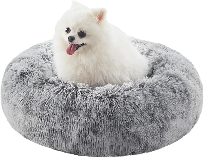 23 inches Faux Fur Fluffy Donut Dog Bed for Small Dogs,Dark Grey | Calming Plush Round Puppy Pet Bed with Removable & Washable Cover,Fits up to 25 lbs Pets by BedStillLoveStill