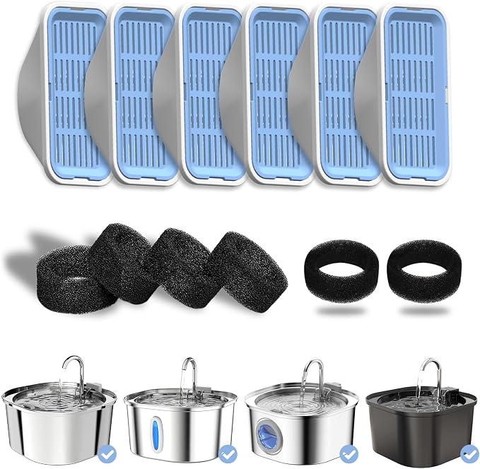 PEKTACO Cat Water Fountain Replacement Filters for 3.2L/108oz, 6 Pack | Pre-filter sponges, activated carbon, ion exchange resin, non-woven fabric, captures hair and debris, reduces odors and dirt by PEKTACO