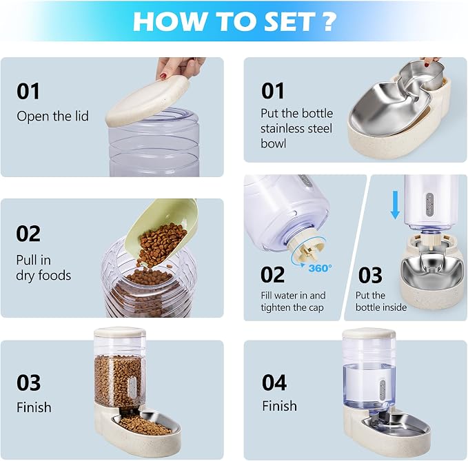 Automatic Cat Feeder and Water Dispenser with Stainless Steel Bowl Gravity Food Feeder and Waterer Set for Small Medium Dog Puppy Kitten 1 Gallon x 2(Beige) - Image 4