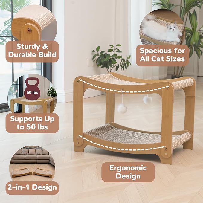 AIXINPET Two-Level Sisal Cat Scratcher Bed - Sturdy Cat Scratching Post with Scratch Pad&Hammock Bed, Comfortable Cats Bed for Indoor Kittens&Adult Cats -Sturdy Wooden Frame,Protect Furniture - Image 7