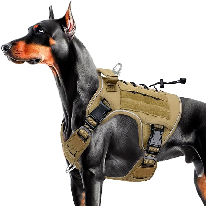 Heavy-Duty Tactical Dog Harness for Large Dogs, No Pull Adjustable Reflective Pet Vest with Molle System, K9 Military-Grade Control for Service Training, Outdoor & 10+ Breeds, Khaki, Large by Bruvoalon