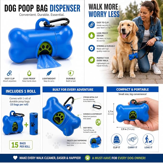 Dog Poop Bag Dispenser with Leash Clip, Portable & Leak-Proof Waste Bag Holder for Dogs, Durable Lightweight Design, Easy Pull Opening, Includes 1 Roll, Ideal for Walking & Travel. - Image 3