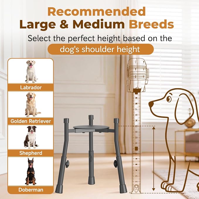 Elevated Dog Bowl Stand for Large Medium Breeds, Extra-Stable Food Feeder | Adjustable Size 4 Heights Width 6-10in, Anti-Tip Metal Raised Water Dish Holder, Non-Slip Tall Single Lifted Riser - Image 7