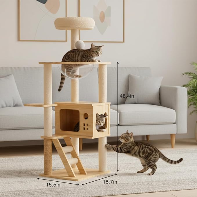 Modern Cat Tower, Wood Cat Tree Tower for Indoor Cats, Cat Tree with Sisal-Covered Scratching Posts and Soft Top Perch, 48.8'' Cat Condo with Acrylic Hammock for Small Large Cats - Image 3