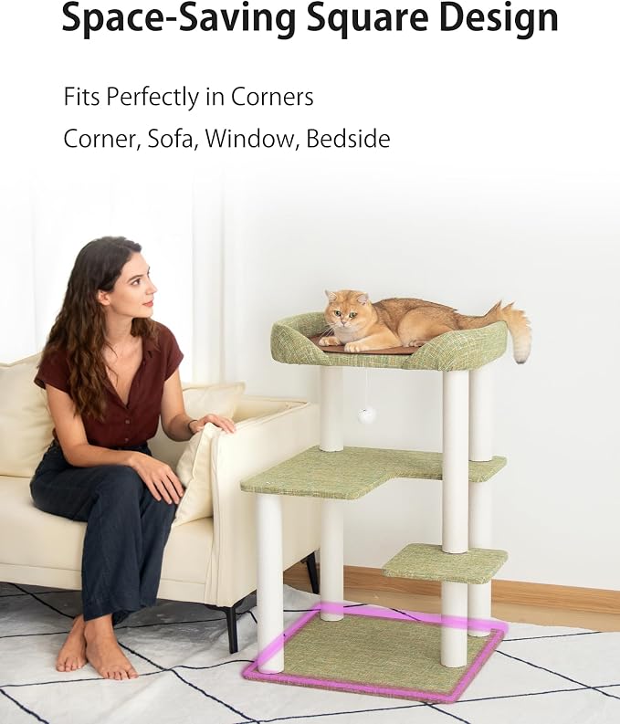 Cat Tree Tower 37.4'' (95 cm) with Scratching Posts,Multi-Level Cat Tree Tower with Wide Shelves for Senior Friendly Baby/Large Cats, Scratching Posts(Olive Green) - Image 8