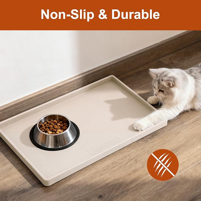 19" x 12" Extra Thick Silicone Mat Waterproof with Raised Edge, Beige | BPA-Free Non-Slip Dog & Cat Food Mat, Feeding Mat for Food and Water Bowls, Spill Proof Mat to Protect Floors - Image 5