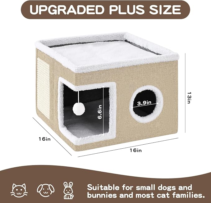 Large Cat Houses for Indoor Cats with Fluffy Ball and Scratch Pad | Foldable Cat Bed Cave for Multiple Pets, Kitten Bed for All Seasons, Non-slip, Hold Up to 30LBS, 16x16x13inch, Khaki - Image 4