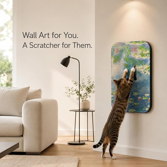 Cat Wall Scratcher, Art Cat Scratching Board for Indoor Cats | Wall Mounted Cat Scratch Pad, Water-Based Ink, Hook&Loop Strips, Floor or Wall Use, 16.7x11x1 Inch, Water Lily Pond - Image 7