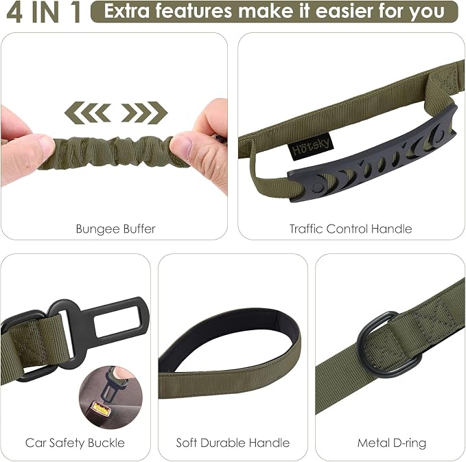 Hotsky Tactical Bungee Shock Absorbing No Pull Dog Leash,Army Green,4-6FT | Heavy Duty for Medium Large Dogs That Pull up to 660 lb,with Padded Double Handle ＆ Car Seatbelt,360°Rotating Locking Clasp - Image 4