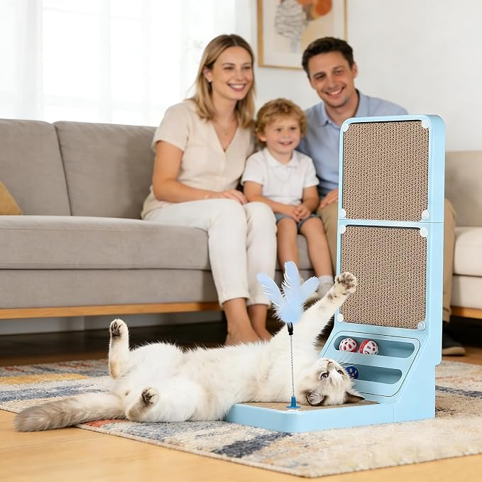 Cat Scratcher Cat Scratch Pad L Shape Wall Mounted Dual Use (Vert/Horiz) Kitten Bunifa Scratching Card Board Vertical Post with Ball Toys Feathers,Protecting Furniture Core is Replaceable Large Blue - Image 8