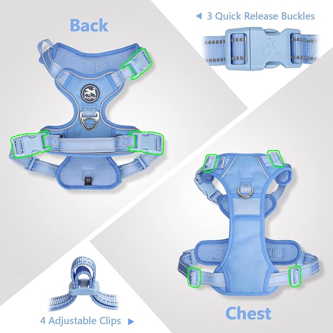 PoyPet No Pull Dog Harness, Reflective Vest with 2 Leash Clips & Handle | Lockable Neck Release Buckle, No Choke, Adjustable, Soft Padded, for Walking Training, Light Blue Matching Trim, Large - Image 6