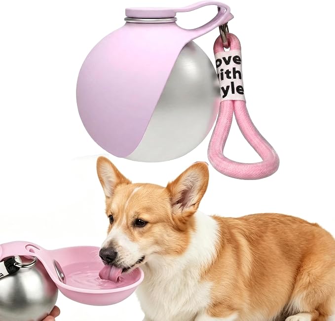 Dog Water Bottle Portable, 2 in 1 Stainless Steel 10oz Dog Water Bowl, Pink | Leak-Proof Pet Water Dispenser for Small & Medium Dogs, Pet Drinking Holder for Walking Hiking Outdoor Activities by FORFAXE