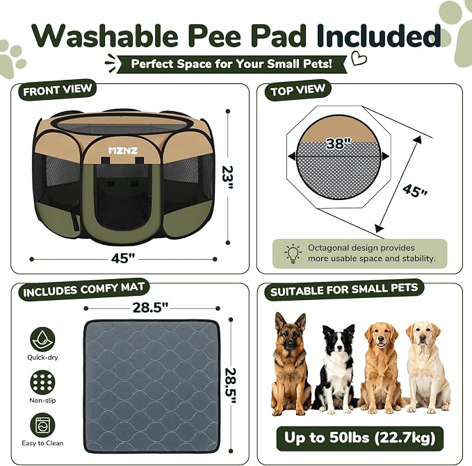 Dog Cat Small Animal Puppy Playpen with Pee Pad, Large, Olive Green | Portable Pop Up Pet Cage Enclosure Tent Kennel Indoor Outdoor with Carrying Case, No Assembly, Camping Use - Image 2