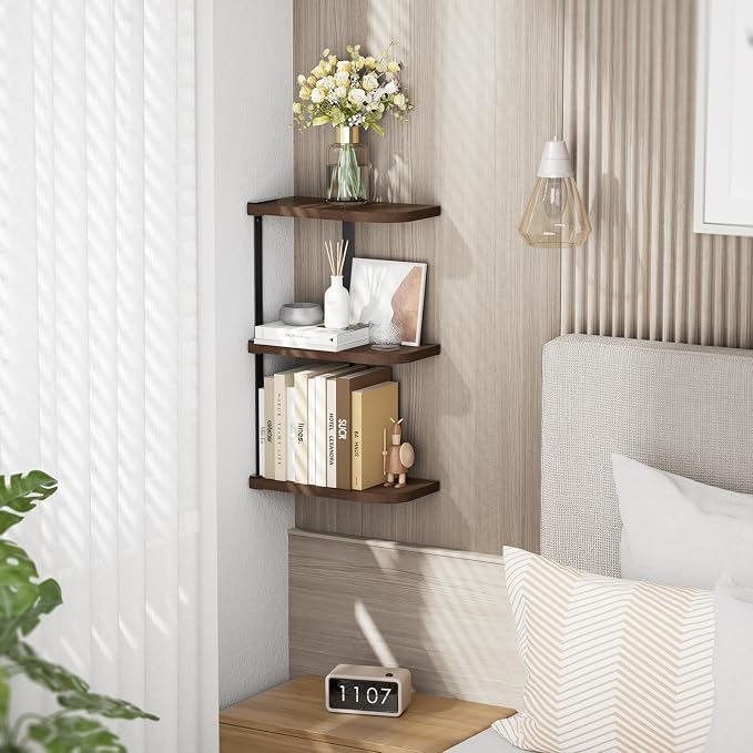 Love-KANKEI Corner Wall Shelf 3 Tier,Solid Wood with Bracket,17"Tall,Walnut | Floating Wall Shelves,Easy to Install,Capacity 26 Lbs,For Bedroom Living Room Bathroom Kitchen Office Display,Wall Decor - Image 4