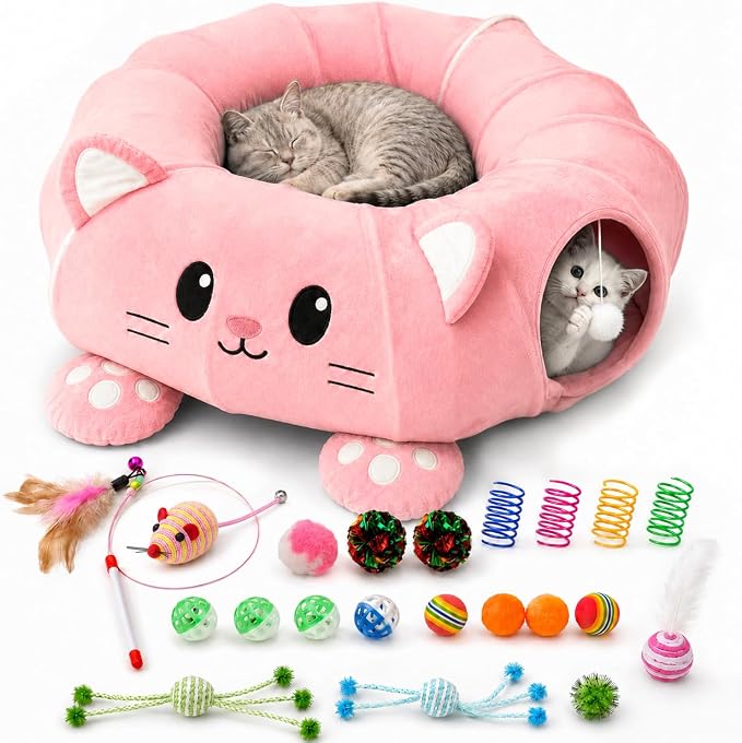 Cat Tunnel Bed with 21 Interactive Toys | Kitten Bed with Collapsible Tunnel for Indoor Cats, Cute Play Tube with Enrichment Toys (Pink, Kitten Pattern) by lehorra