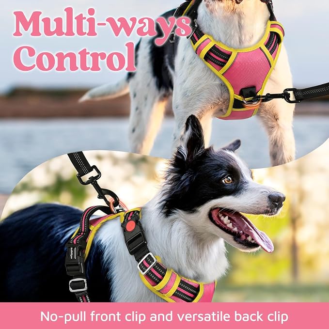 rabbitgoo Dog Harness Medium Sized, No Pull 3 Buckles Easy On & Off | Soft Padded, Walking with Control Handle, Adjustable and Reflective, Pink & Yellow, Medium - Image 3