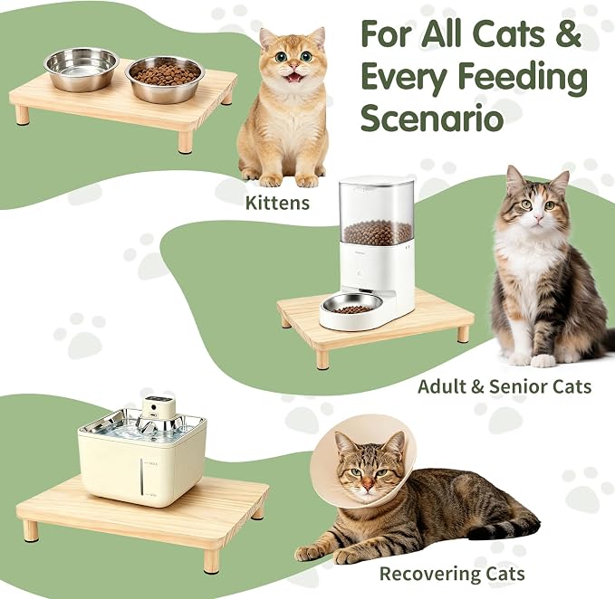 Extra Large Cat Food Stand, Wood Cat Feeder Stand 15.8 x 12.9 in | Cat Feeding Station, 2.56 in Raised Platform, Dual-Bowl Feeder & Water Dispenser Fit, Solid Wood, Tool-Free Assembly - Image 7