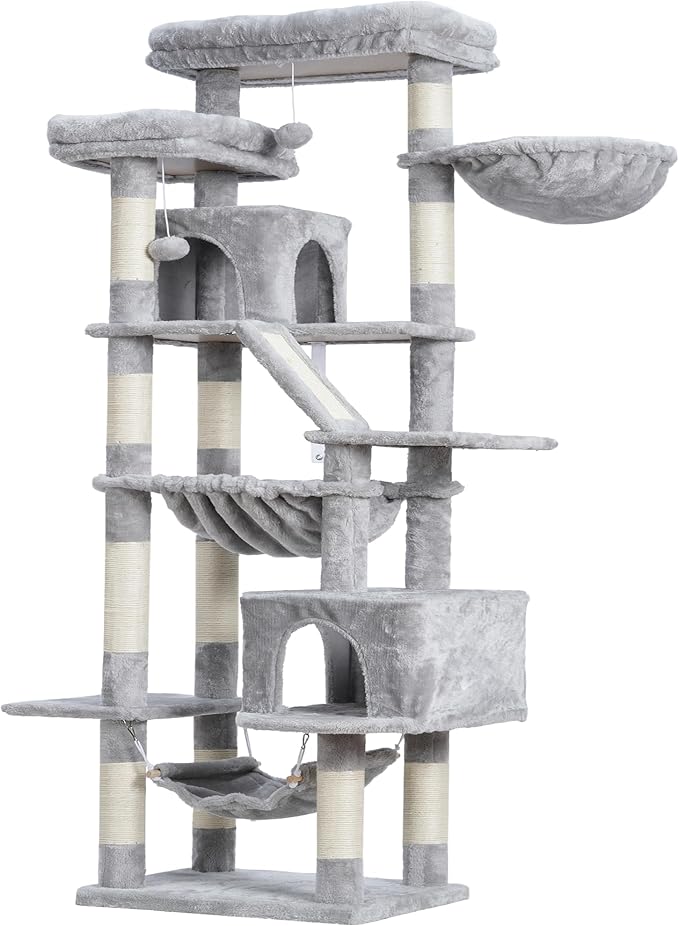 Heybly Cat Tree, 71-Inch-Tall Tower for Indoor Cats with 2 Perches HCT034W | Large Cat Furniture with 2 Big Condos, 2 Hammocks, Basket, Scratching Pad, Multi-Level Cat Condo, Light Gray - Image 7