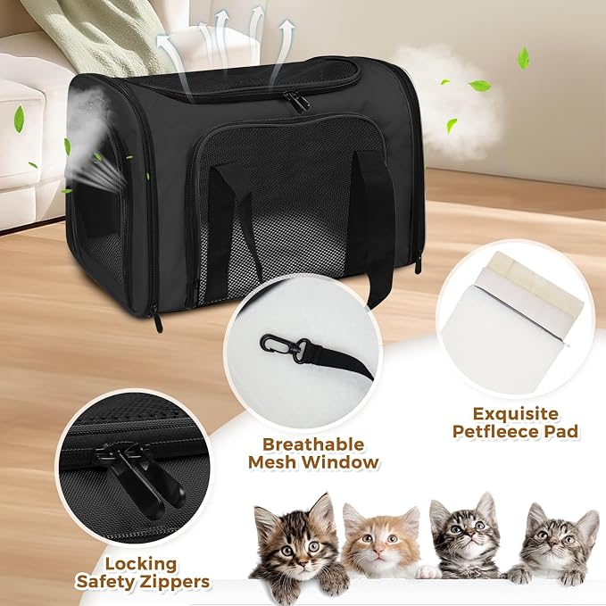 Cat Carrier Soft Up to 16 Lbs, Breathable Pet Travel Bag with Steel Frame | Lockable Zippers, Fits Small Dog, Kitten, and Rabbit,Medium Travel Carrying Case for Kennel Car Airline Transport，Black - Image 3