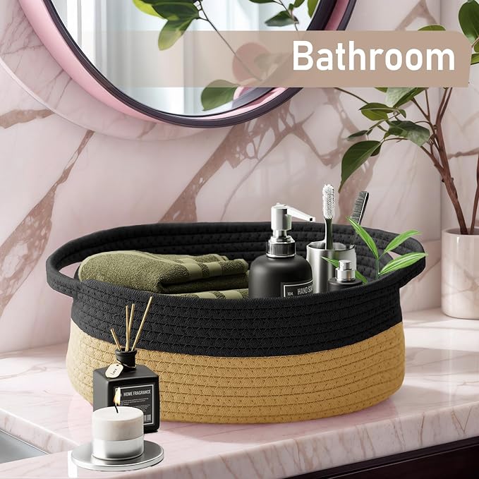 JMvicyroam Small Woven Basket, Empty Gift Basket, Black&Jute/1 Pack | Small Gift Basket, Cotton Rope, 12 x 8 x 81 in, Handles, Includes Ribbon and Bag, Birthday Gift Basket - Image 8