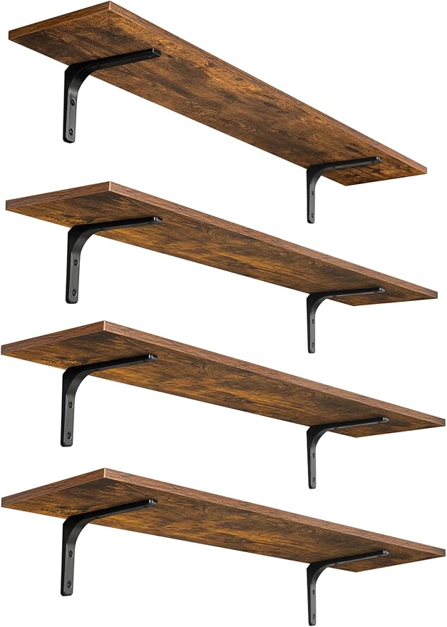 Long Wall Shelves, 39.4Inch Wooden Wall Mounted Shelves, Set of 4 | Large Floating Book Shelf, Metal Brackets, Easy Assembly, Max Load 33lbs, Wall Storage Ledges, Bedroom/Bathroom, Rustic Brown by DINZILVJ