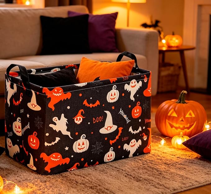CLOCOR Rectangular Storage Basket Empty,Gift Basket,Waterproof Storage Bin with Handles,Room Decor(Black Halloween Basket) - Image 3