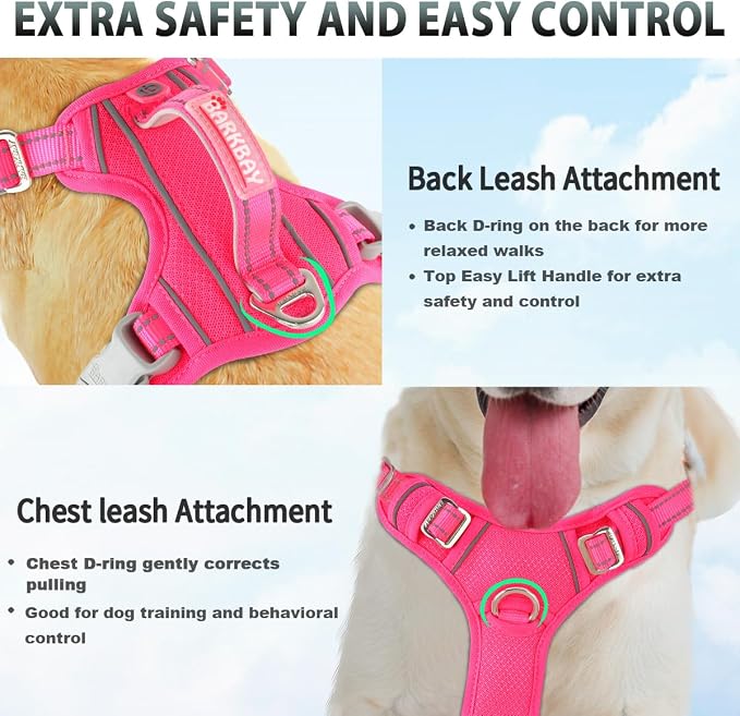 BARKBAY No Pull Dog Harness 3 Buckles Large Reflective Dog Harness with Front Clip and Easy Control Handle for Walking Training Running with ID tag Pocket(Pink,L) - Image 4