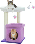 PEQULTI Indoor Cat Tree Tower Small Cats, Sisal Post & Cozy Condo, Purple | Private soft cat condo, soft top perch, natural sisal scratch posts, plush pom-pom toy for indoor kitties by PEQULTI