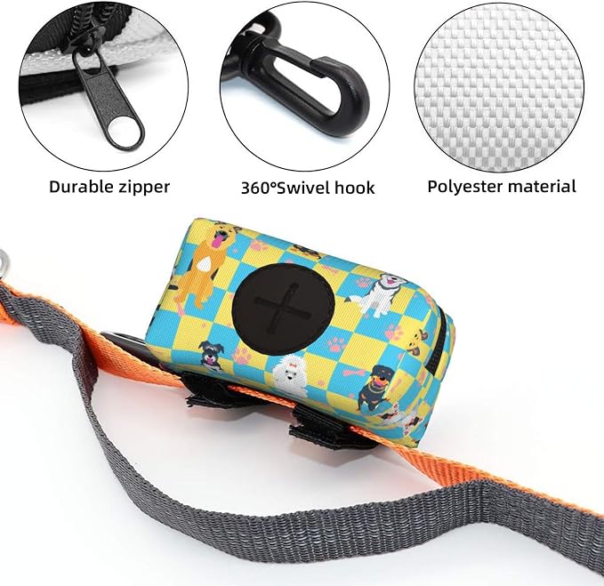 Dog Poop Bag Holder for Leashes - Lightweight Pet Waste Bags Dispenser Doggy Zippered Pouch for Puppy Walking Accessories(Plaid Dog Paw Print Bones) - Image 4