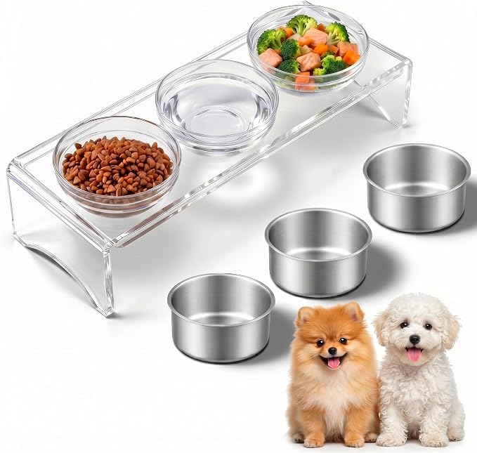 Elevated Acrylic Dogs Bowl Stand, 3.75" Tall Raised Cat & Dog Bowls with 3 Stainless & 3 Glass, Non-Slip, Easy to Clean, Raised Dog Bowls for Small Dogs, Cats, Pets, Puppy by Ferrochef