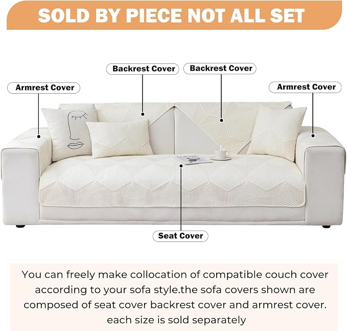 vctops Cotton Quilted Couch Covers for Sectional Sofa (Cream,43"x63") | Geometric Washable Non Slip Sofa Slipcover for Dogs, Children, Pets Furniture Protector Cover - Image 2