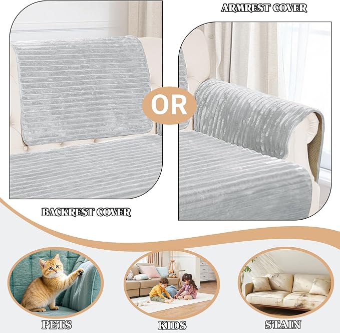 NAISI Couch Covers for Dogs Waterproof Flannel Striped Sofa Cover Pet Friendly Washable Dog Mat for Couch Anti Slip Sectional Sofa Slipcover Protector(1pc/27"x 27",Light Grey) - Image 2