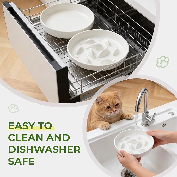 Raised Ceramic Cat Bowls 6.3" Flat & Slow Feeder Bowl (One of Each) | Anti-Gulping & Keep Fit, Water Bowl & Food Bowl, Dishwasher Safe, Neck Protective, Anti Whisker Fatigue - Image 6
